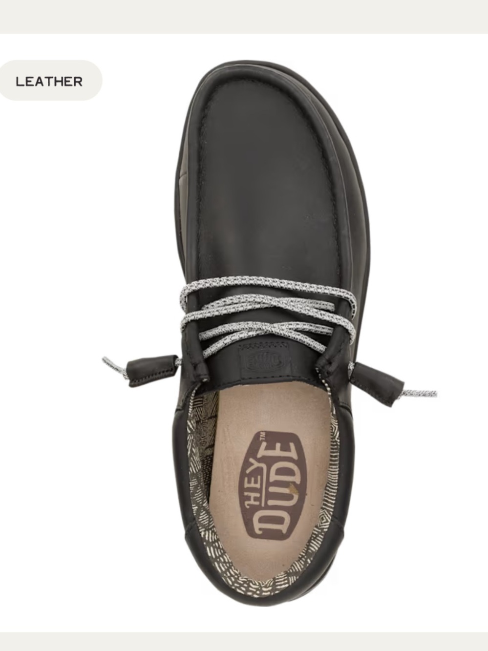 Hey Dude Paul Leather Black Men’s Moccasin Slip-On with Gray Laces NEW